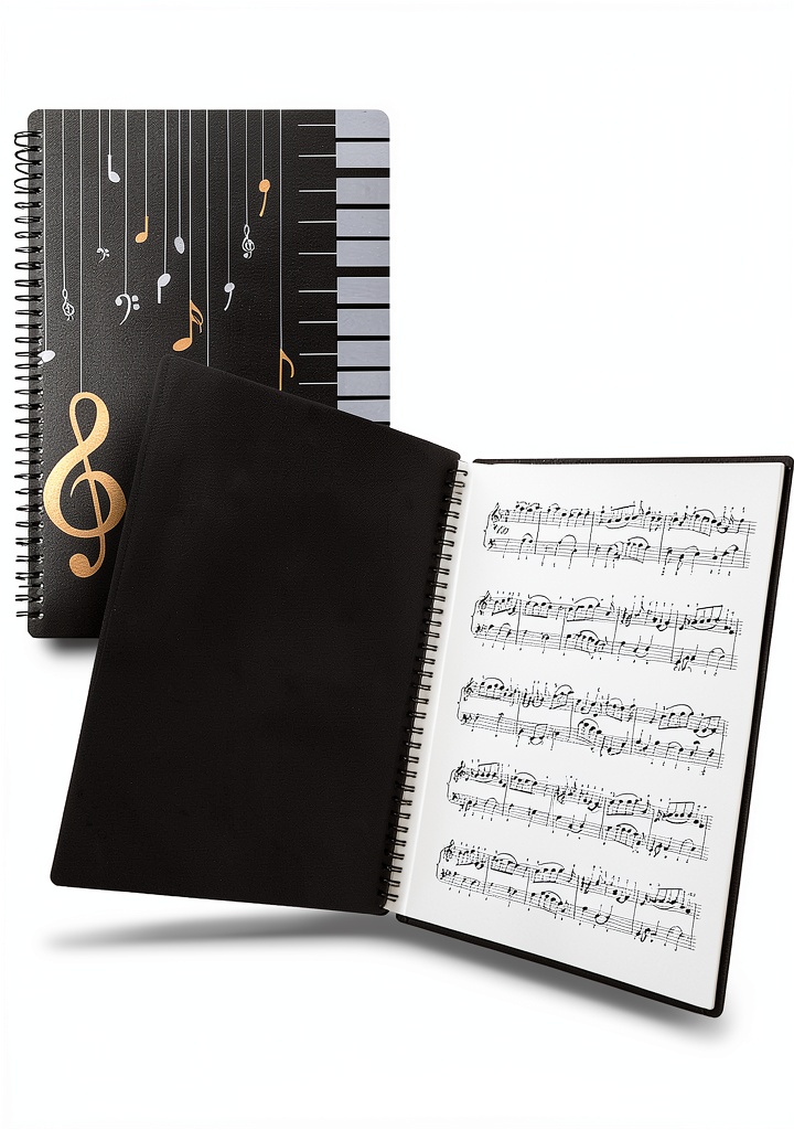 JIANTA Sheet Music Folder Black Plastic A4 opened on a piano bench with sheet music inside