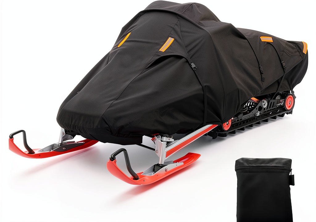 Snowmobile covered with HIGHTQURO cover in a snowy forest