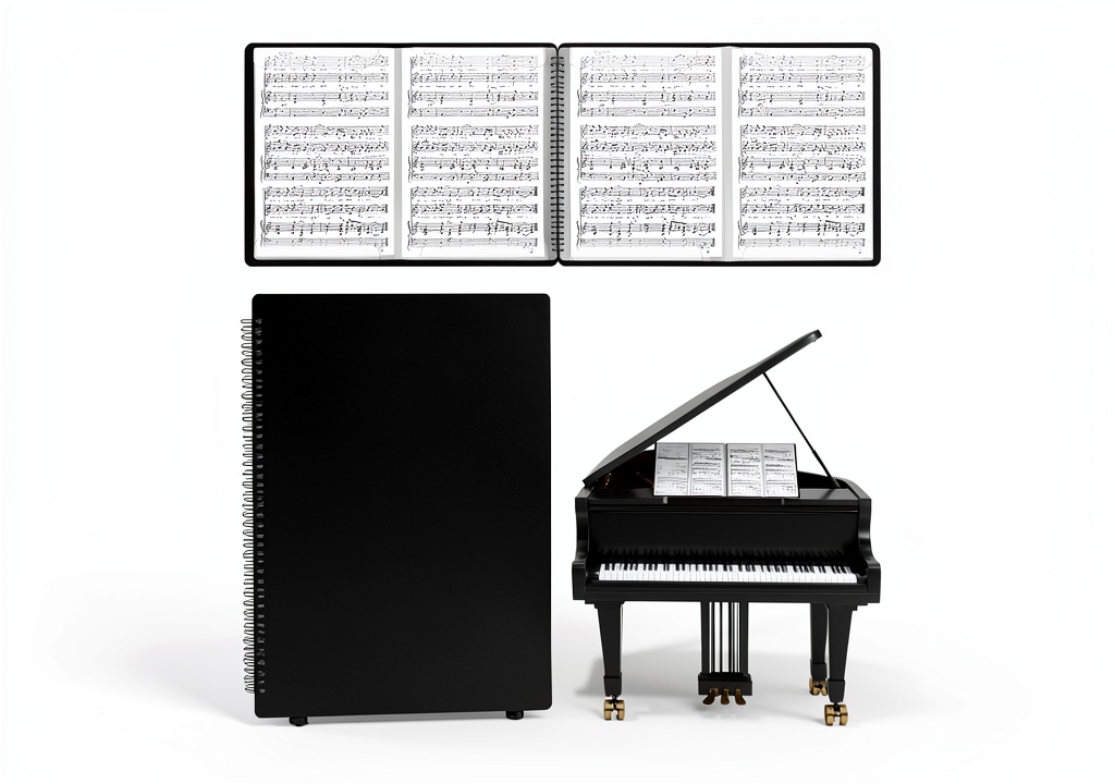 HIMOMO sheet music folder opened on a piano bench