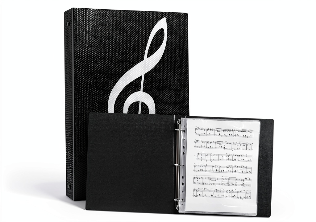 Music folder placed on a piano bench with sheet music inside