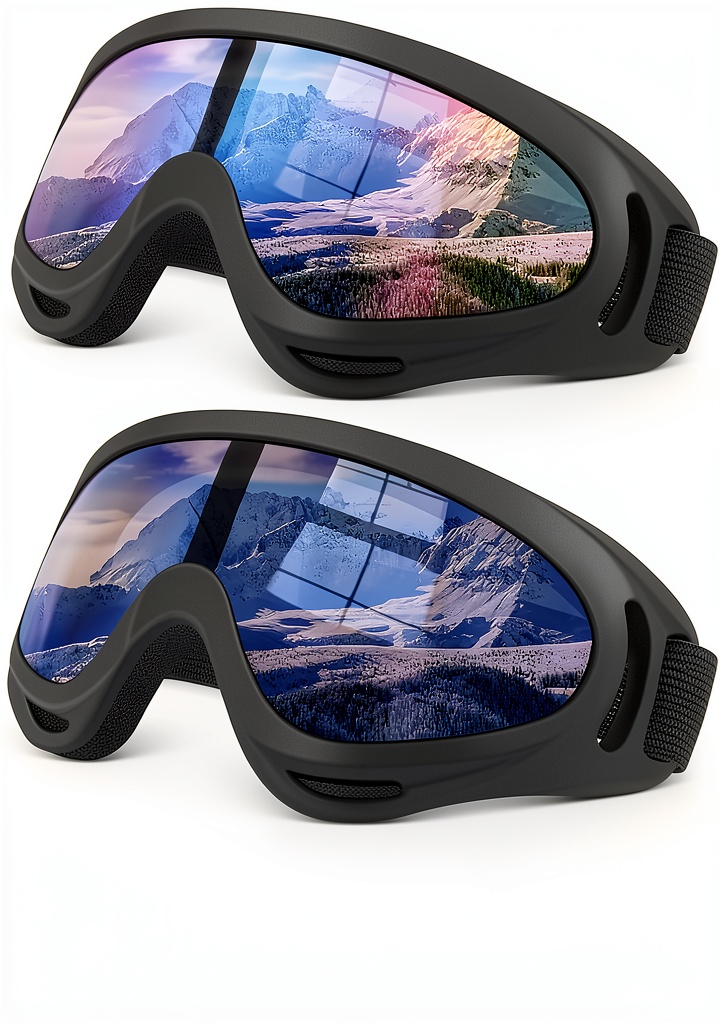 Snowmobile goggles being worn on a snowy trail